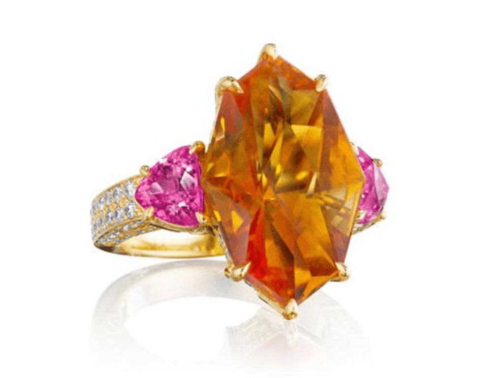 Pretty-Pink-Tourmaline,-Citrine-and-Diamond-Ring