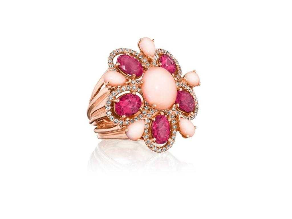 Coral and Rubelite Flower Cocktail Ring