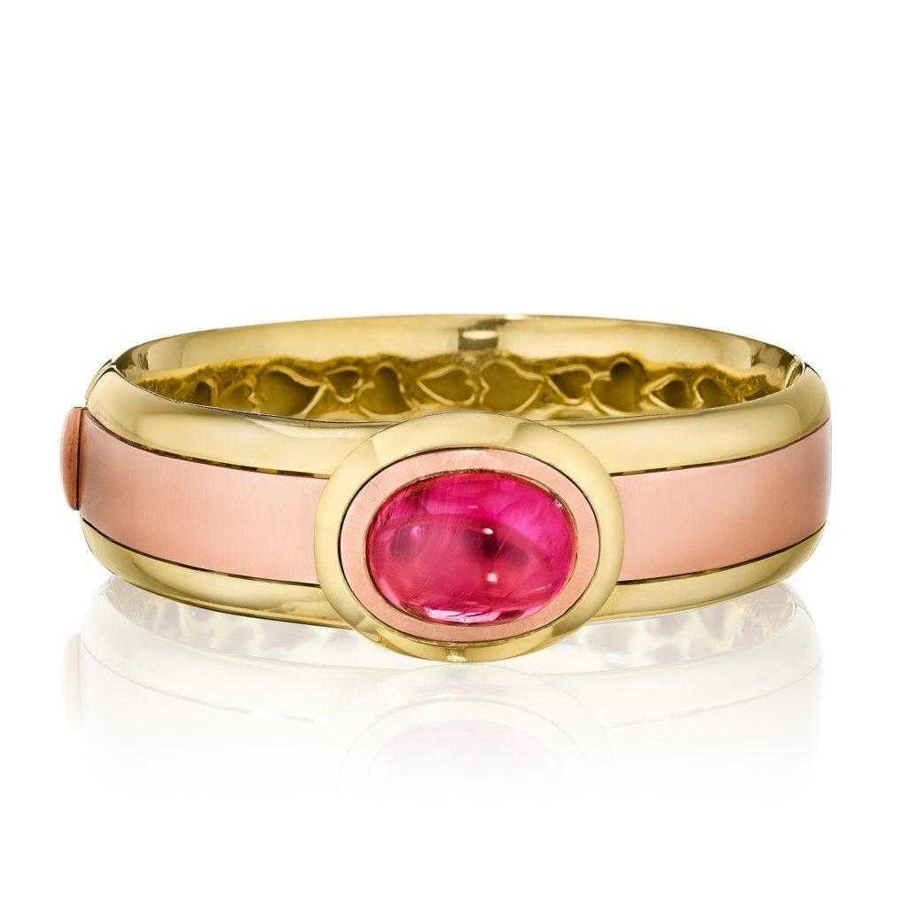 Cabochon Pink Tourmaline Bangle in Yellow and Rose Gold