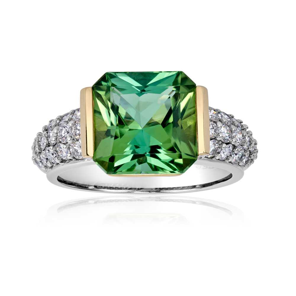 White Gold Cushion Cut Green Tourmaline Diamond Ring - Linda & Co